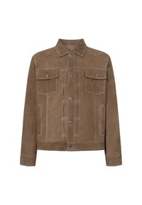 Hnědá semišová bunda s límcem, pěti kapsami a předními knoflíkovými uzávěry, s kontrastním bílým prošitím a rovnoměrným střihem.