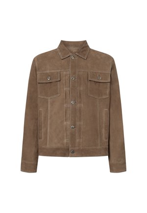 Brown suede jacket with a collar, five pockets, and front button closures, featuring contrasting white stitching and a straight cut design.