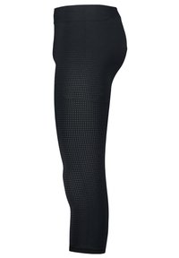 Schwarze Leggings aus dehnbarem Material, mit einem strukturierten Muster und einer figurbetonten Silhouette. Mit einer Länge bis zur Mitte der Wade und einem elastischen Bund.