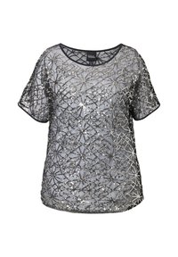 Schwarzes, durchsichtiges Oberteil mit einem filigranen silbernen Paillettenmuster in geometrischem Design. Kurze Ärmel und ein runder Ausschnitt runden den Look ab.