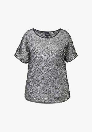 Top trasparente nero con intricata decorazione in paillettes d'argento in un design geometrico. Le maniche corte e il collo rotondo completano l'aspetto.