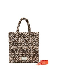 Sac fourre-tout en imprimé léopard avec deux poignées courtes, design rembourré et une sangle orange amovible avec un fermoir en métal.