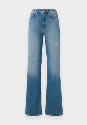 Blå høytlivede, utsvingte jeans laget av denim, med falmede områder og lett slitasje. Rett passform gjennom beina, ren kant.