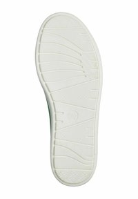 Grüner Sneaker mit einer strukturierten weißen Gummisohle, die wellenartige Muster und horizontale Rillen für besseren Halt aufweist.