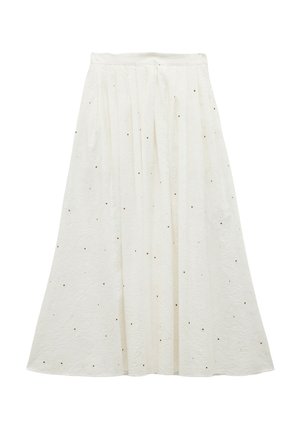 Hvid midi-nederdel med en tekstureret overflade, prydet med små gyldne prikker jævnt fordelt over stoffet, samt et plisseret design.