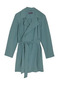 Jasnoniebieski trencz z kołnierzem, długimi rękawami, paskiem w talii oraz dwiema przednimi kieszeniami. Wykonany z miękkiego materiału o gładkiej fakturze.