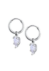 Sølv hoops øreringe med pæreformede klare sten sat i klør, der fremviser en poleret metallisk finish og et slankt design.
