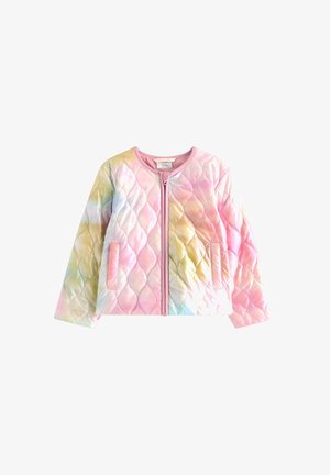 Quilted jacket in pastel gradient colors, featuring a zip-front, round collar, and two side pockets; smooth texture, lightweight material.