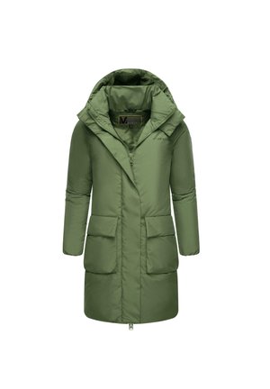 Parka verte rembourrée avec capuche, dotée d'une fermeture éclair, de deux poches avant et d'une texture lisse et brillante.