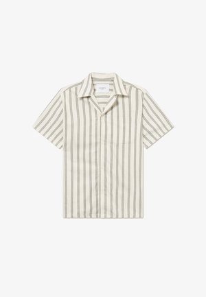 Kortærmet skjorte med knapper i kremfarvet med lodrette grå striber, der har en krave og en brystlomme. Stoffet ser let og glat ud.