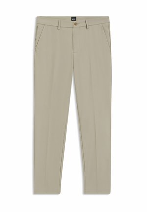 Beige maßgeschneiderte Hose aus glattem Stoff mit Knopfverschluss, Reißverschlusstaschen und geradem Beinansatz.