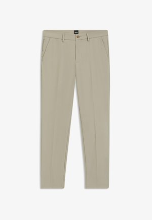 Beige tailored trousers made of smooth fabric, featuring a button closure, zip pockets, and a straight leg design.