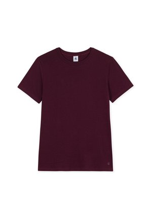 T-shirt violet foncé uni à manches courtes et col rond, posé à plat, montrant le devant et l'étiquette de la marque à l'intérieur du col.
