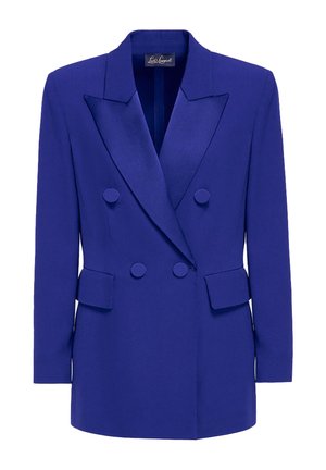 Blazer croisé en bleu vif, fabriqué en tissu lisse. Présente un col en satin, deux grands boutons et des poches latérales.