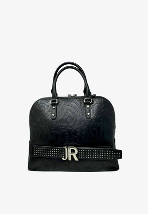Borsa a mano in pelle nera con design in rilievo, doppio manico, chiusura con zip e cintura con borchie decorata con il logo argentato "JR".