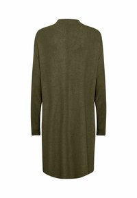 Abito tunica lungo verde oliva con una linea dritta, caratterizzato da un collo rotondo e un tessuto morbido e testurizzato.
