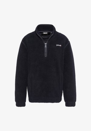 Fleece-pulloverjakke i mørk marineblå med halvlukning, høj krave og tekstureret overflade med logo på øverste venstre side.