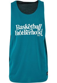 Teal mesh koripallo paita, jossa on valkoinen "Basketball Brotherhood" -teksti. Sisältää hihattoman muotoilun ja sivuverkkopaneelit ilmanvaihtoa varten.