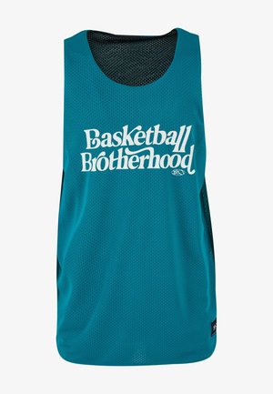 Teal mesh koripallo paita, jossa on valkoinen "Basketball Brotherhood" -teksti. Sisältää hihattoman muotoilun ja sivuverkkopaneelit ilmanvaihtoa varten.