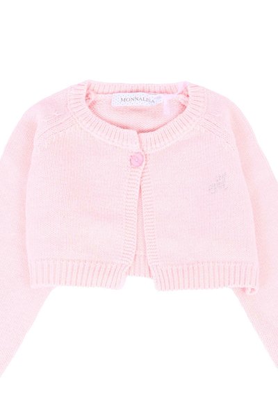 Cardigan rosa lavorato a maglia con scollatura tonda, maniche lunghe, chiusura a bottoni e un sottile dettaglio luccicante sul davanti. Tessuto morbido.