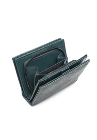 Green leather wallet with multiple compartments, a zippered section, and a textured gray exterior. Features stitched detailing and card slots.
