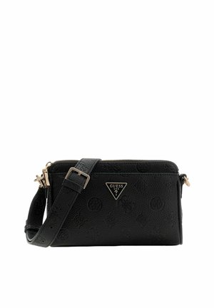 Borsa a tracolla nera in materiale sintetico con motivo impresso, dettagli in tonalità oro, chiusura con zip e tracolla regolabile con placchetta logo triangolare.