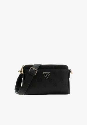 Borsa a tracolla nera in materiale sintetico con motivo impresso, dettagli in tonalità oro, chiusura con zip e tracolla regolabile con placchetta logo triangolare.