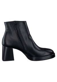 Bottine en cuir noir avec fermeture éclair latérale, bout rond et talon bloc sur fond blanc.