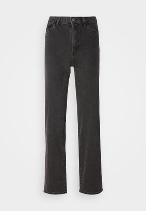 Sorte denimjeans med rett snitt, høy midje, fem lommer og knappeåpning. Materialet har en liten tekstur, uten synlige mønstre.
