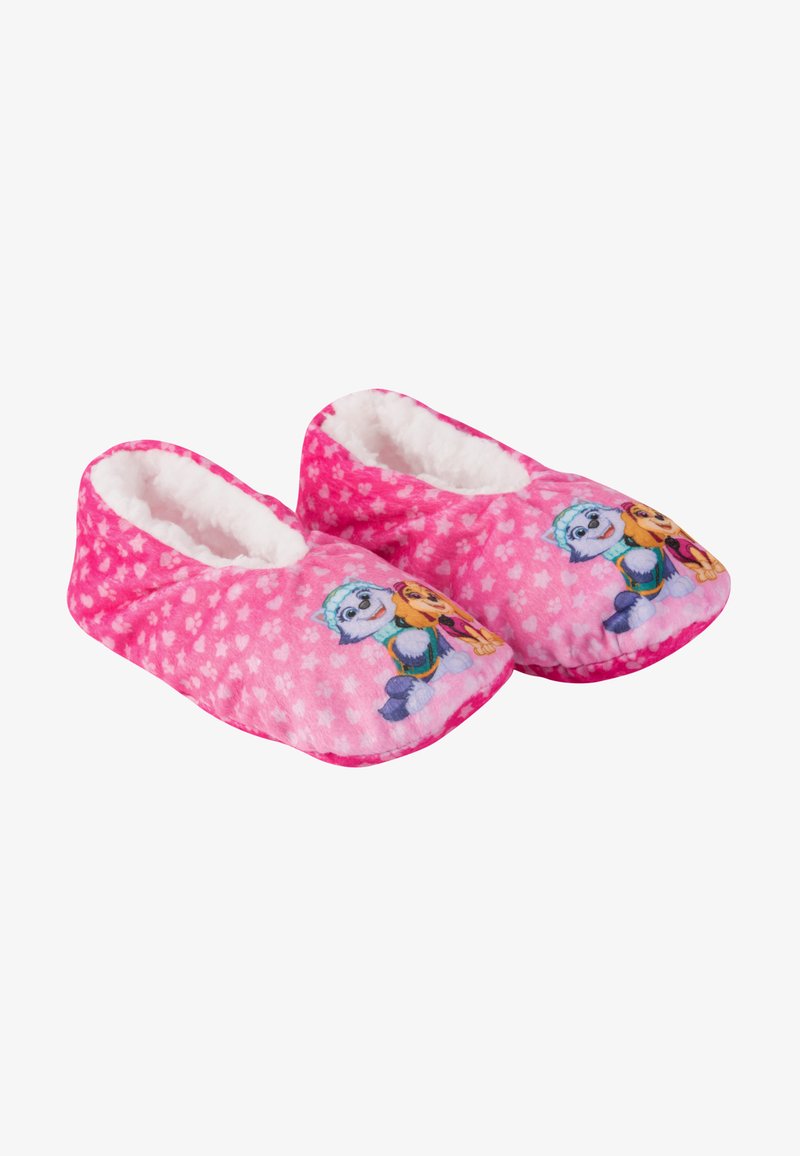 Pink plush slippers with a soft lining, featuring cartoon characters on the front and a heart-patterned design. Cozy and warm.