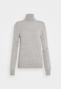 Light gray turtleneck sweater with long sleeves. Soft texture, fitted design, and ribbed accents at the collar and cuffs.
