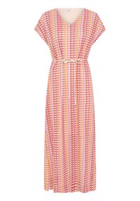 Robe maxi sans manches à encolure en V avec un motif géométrique vertical multicolore en rose, rouge et orange, et une fine ceinture à la taille.