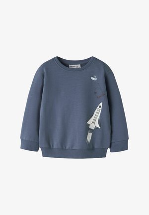 Modrá dětská mikina s grafikou rakety a UFO a nápisem „You are from“ na pravé přední straně.