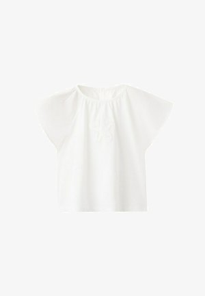 Blouse blanche à manches courtes avec manches larges et délicate broderie florale sur le devant, dotée d'un col rond et d'une coupe ample.