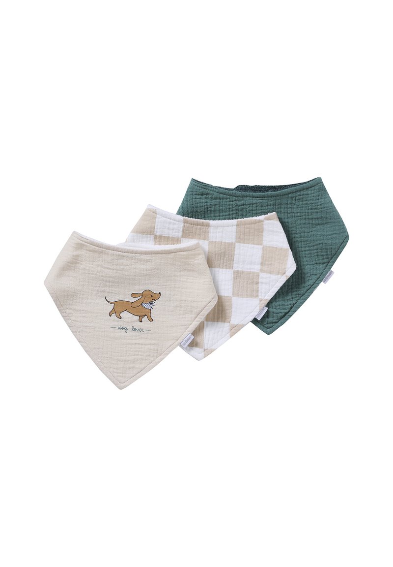 Three baby bandana bibs in beige with a dog graphic, beige and white checkered pattern, and solid dark green, arranged overlapping.