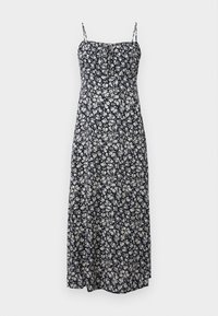 Rochie maxi floral naval cu bretele subțiri reglabile, având motive de flori albe, un corset ajustat și un tiv fluid.