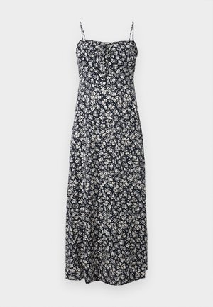 Μακρύ φόρεμα ναυτικού χρώματος με λουλούδια, διαθέτει ρυθμιζόμενους τιράντες, λευκά λουλουδάτα μοτίβα, εφαρμοστό μπούστο και άνετη φούστα.