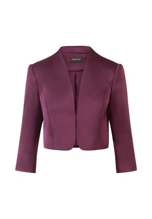 Burgundy cropped blazer made of smooth fabric, featuring a shawl collar, long sleeves, and a tailored silhouette. No visible fastenings.
