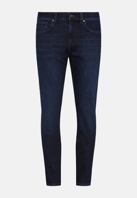 Jeans in denim blu scuro con una vestibilità slim, cinque tasche, chiusura frontale con bottone e dettagli di cucitura minimi. Texture uniforme in tutto il capo.