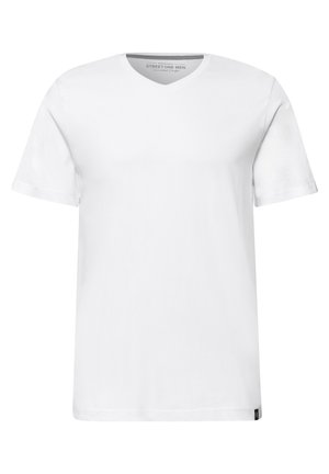 Witte katoenen T-shirt met een V-hals, korte mouwen en een rechte snit. Heeft een klein logotag aan de linkerkant vlakbij de zoom.