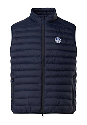 Gilet imbottito blu marina con colletto alto, design a righe verticali, due tasche laterali con zip e un logo circolare sul lato sinistro del petto.