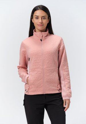 Roze gewatteerde jas met hoge kraag, ritssluiting, gemêleerde patronen en zijzakken. Zachte stof met contrasterende gladde mouwen.