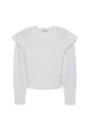 Pull blanc avec motif de cœurs texturé, accents de manches froncées, manches longues et col arrondi. Tissu tricoté doux.