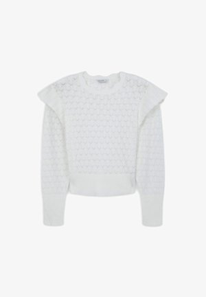 Weißer Pullover mit strukturiertem Herzen-Muster, rüschendetails an den Schultern, langen Ärmeln und einem runden Halsausschnitt. Weicher, gestrickter Stoff.