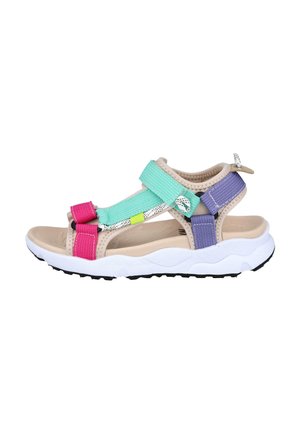 Sandalia deportiva con puntera abierta, suela beige, suela exterior blanca texturada y correas ajustables en rosa, turquesa y morado con cierre de velcro.