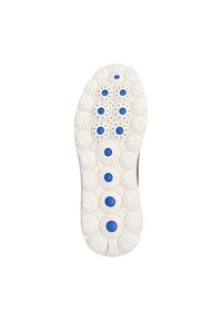 Bílá gumová podrážka boty s kulatými modrými akcenty, texturovanými kruhovými vzory a ventilačními otvory; celkový zaoblený tvar.