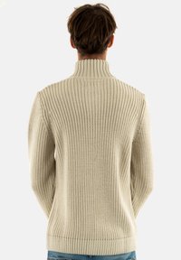 Beige gebreide trui met hoge kraag, voorzien van een gestructureerd ribpatroon, lange mouwen en een aansluitende onderkant. Achteraanzicht weergegeven.