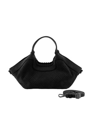 Sac à main noir avec poignées courtes et bandoulière longue détachable, présentant un motif diamant texturé et perforé, et une forme souple et structurée.