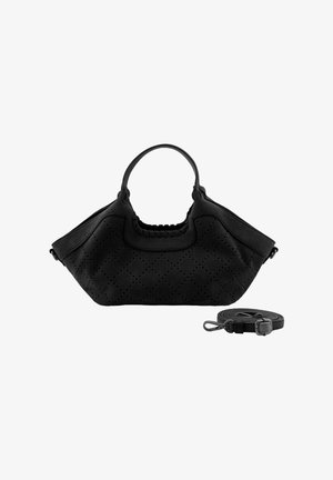 Sac à main noir avec poignées courtes et bandoulière longue détachable, présentant un motif diamant texturé et perforé, et une forme souple et structurée.