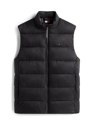 Gilet in piumino nero con colletto alto, cuciture verticali e zip frontale. Presenta un piccolo logo sul petto. Materiale liscio e leggero.